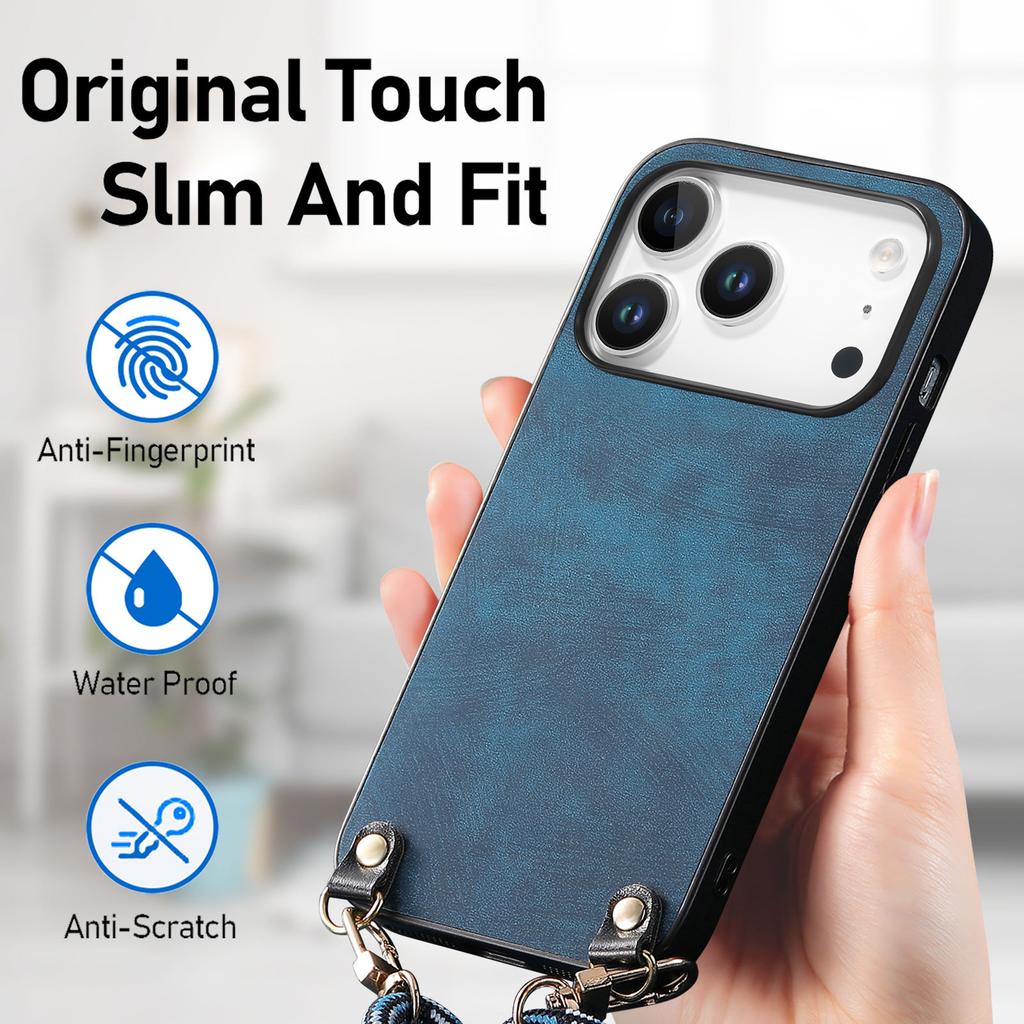 For iPhone 17 Pro Retro Leather Phone Back Cover with Adjustable Strap