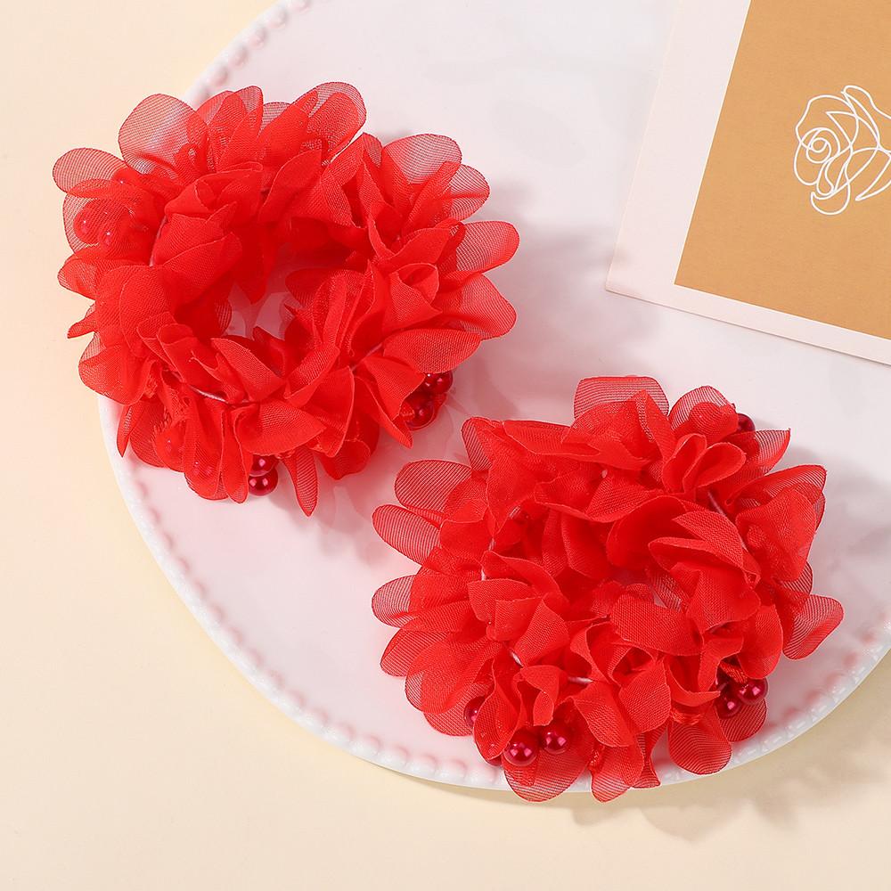 2Pcs Girls Colorful Hair Bands Set Chiffon Flowers Beads Elastic Rubber Band Children Ponytail Holder Kids Hair Accessories Gift