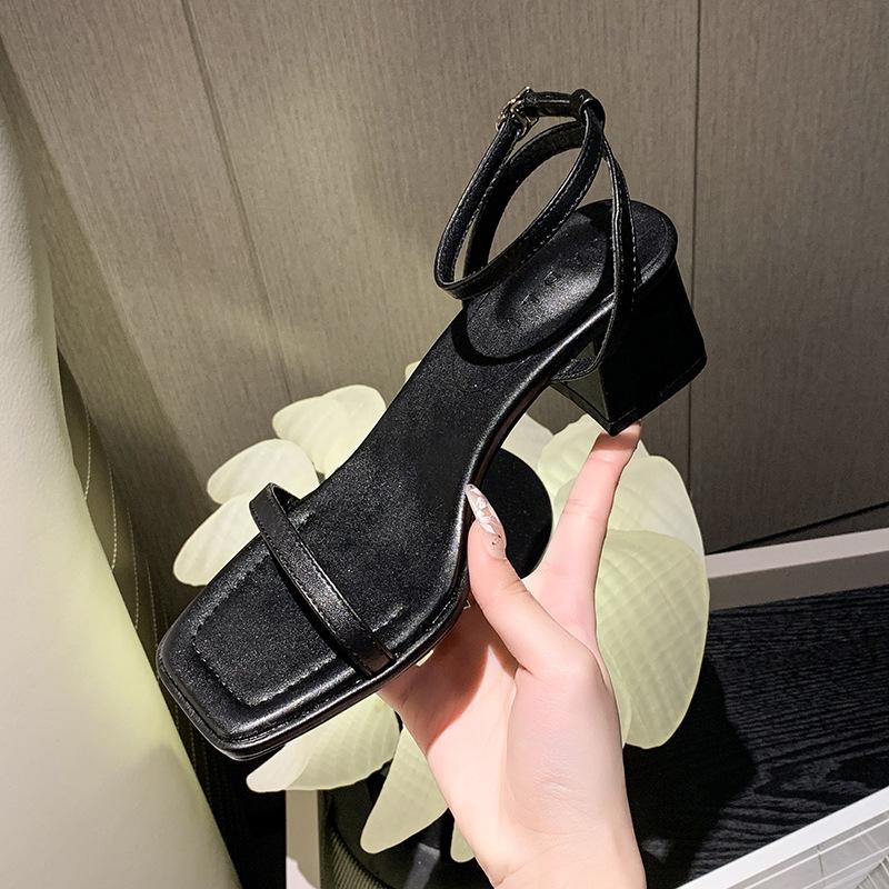 Sandals for Women Summer New Fashion Open Toe Ankle Strap High Heels Outdoor Square Low Ladies Elegant Dress Sandalias Mujer