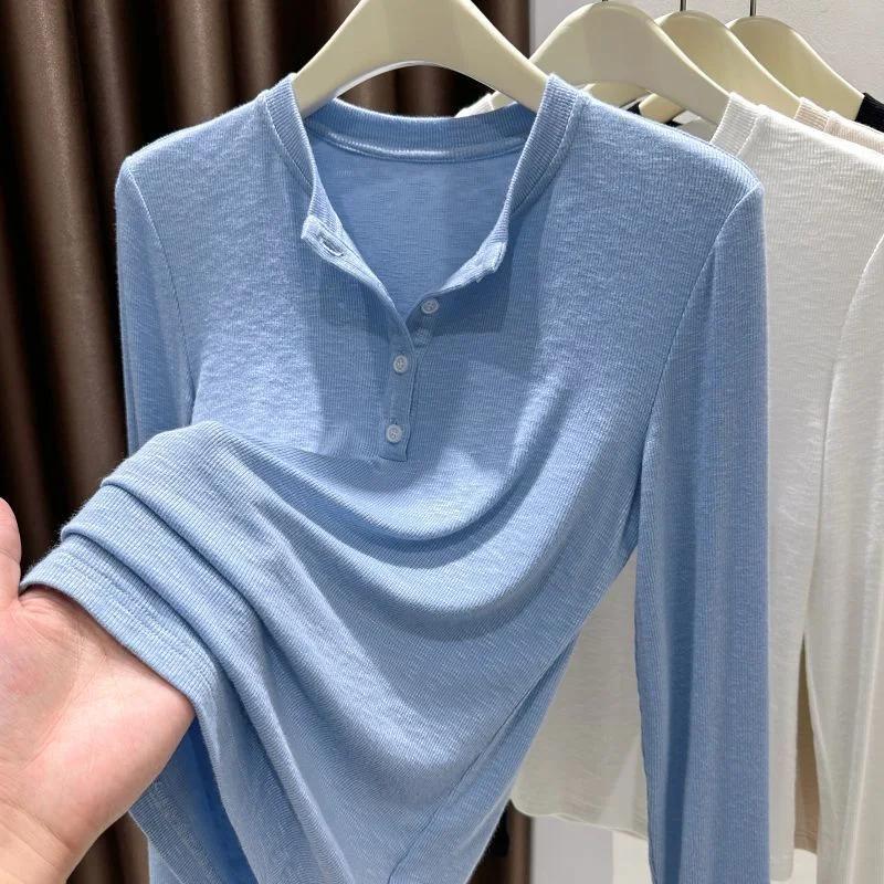 Женская футболка с длинным рукавом из бамбукового хлопка с полуоткрытым воротником на пуговицах, универсальный базовый топ для осени и зимы