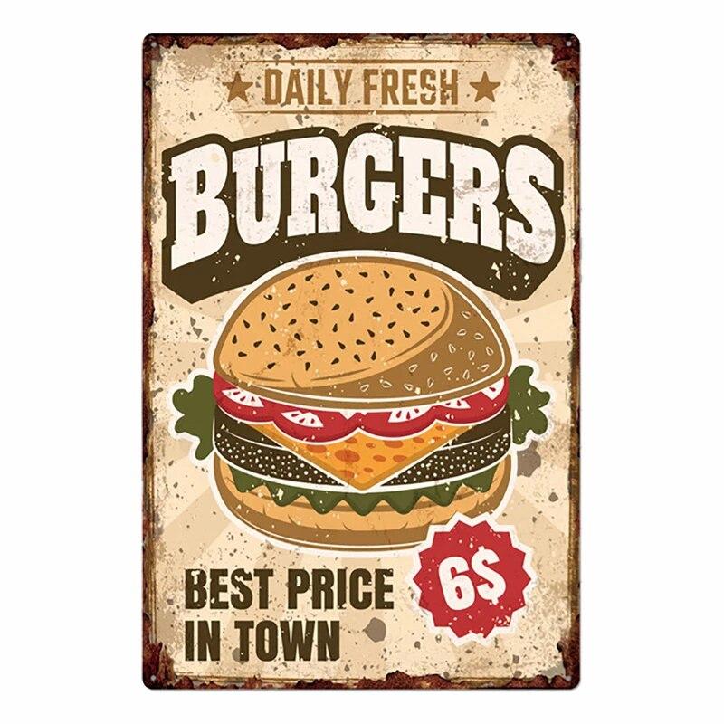 Hamburger Metal Tin Sign Plaque Vintage Burgers and Fries Metal Plate Poster Kitchen Restaurant Shop Wall Decor