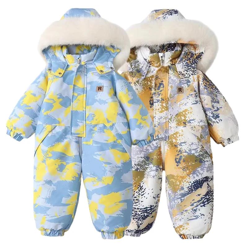Baby Autumn Winter Ski Suit Thicken Baby Jumpsuit Warm Children Clothing Set Waterproof Hooded Boys Overalls New Baby Girls Snowsuit 2024 New