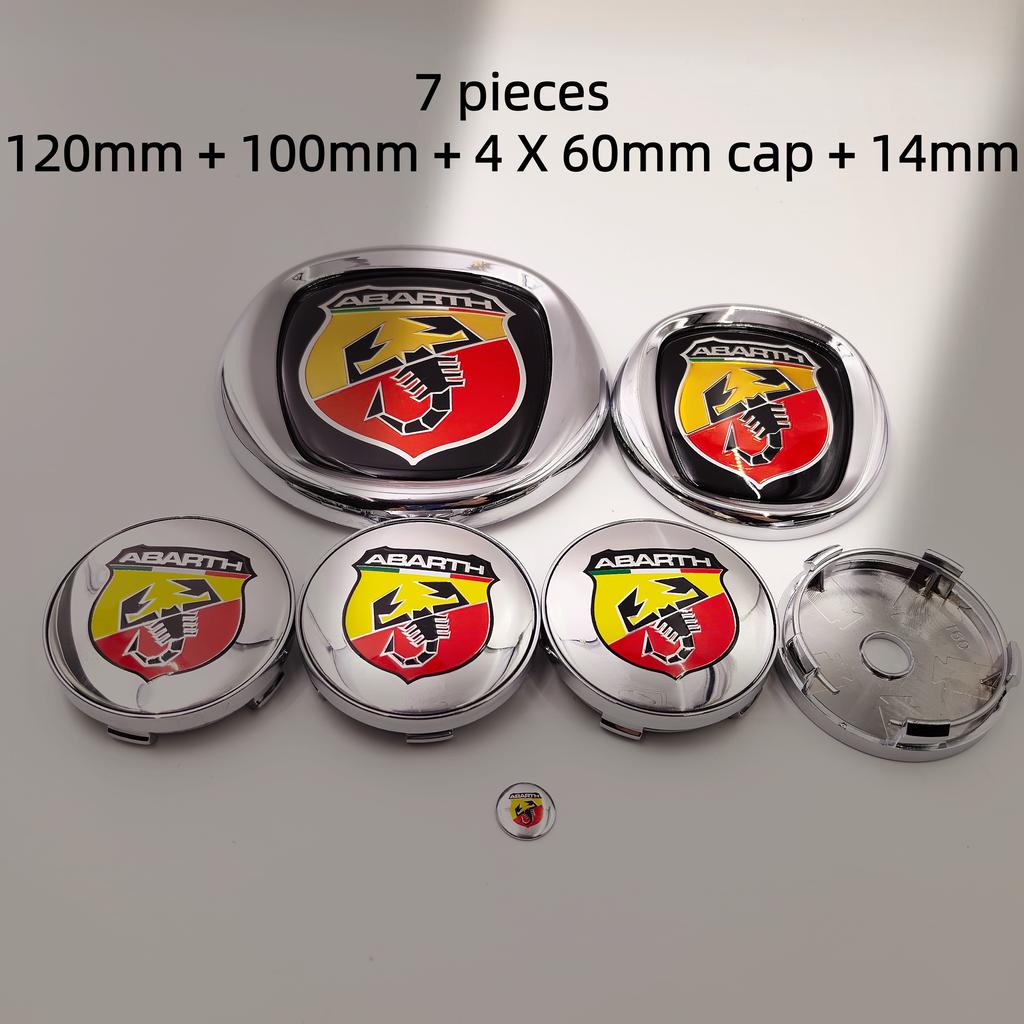7pcs fiat Abarth Car Hood Front Bonnet Grill Rear Trunk Emblem Logo Badge 85/95/100/120mm Car Wheel Center Caps Hubcap Cover
