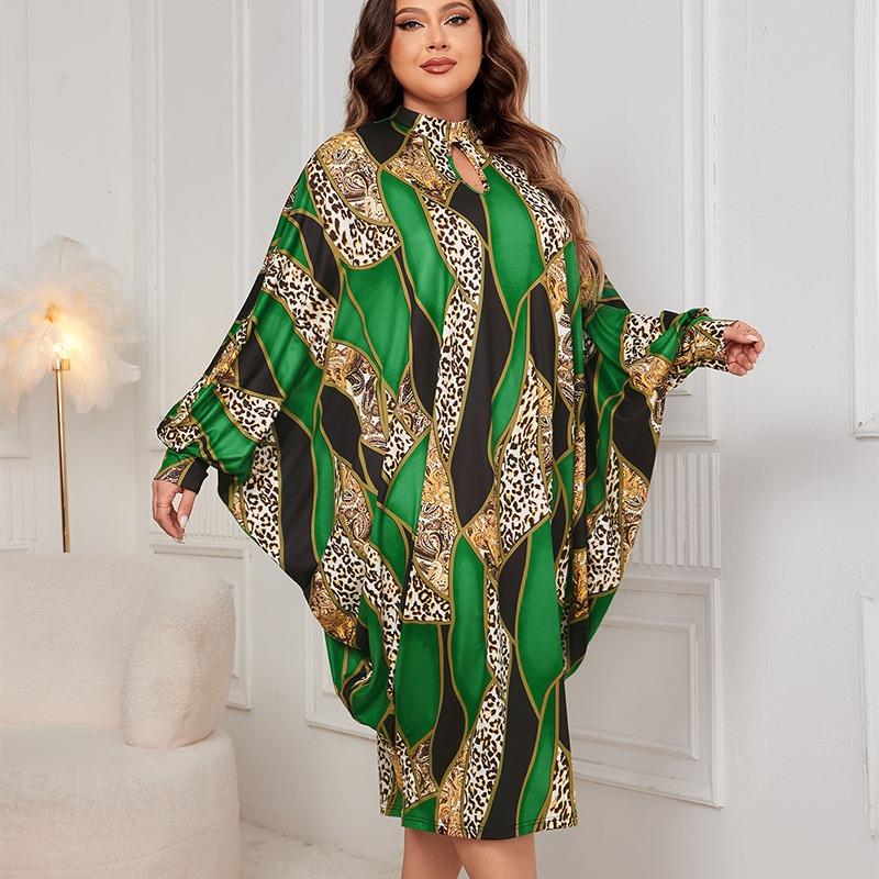 Plus Size Women's New Bat Sleeved Temperament Long Sleeved Printed Dress