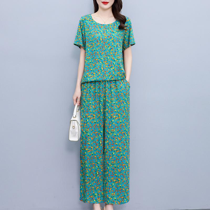 Летние комплекты с широкими брюками больших размеров с винтажным принтом, повседневные элегантные свободные комплекты для женщин, комплект из 2 предметов