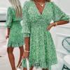 2023 Платье трапециевидной формы в стиле бохо с цветочным принтом, женское милое эластичное пышное платье с короткими рукавами, повседневное зеленое мини-платье с v-образным вырезом, Robe Femme 25119