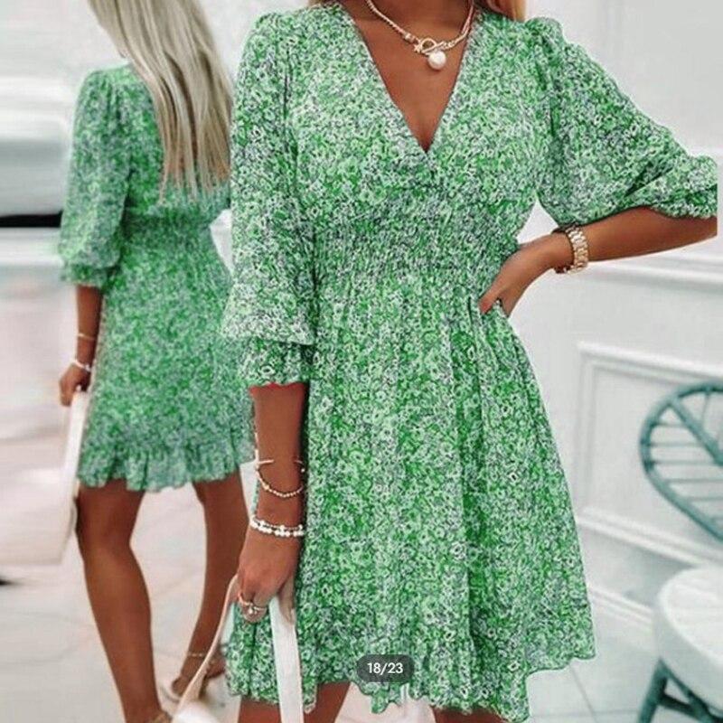 2023 Платье трапециевидной формы в стиле бохо с цветочным принтом, женское милое эластичное пышное платье с короткими рукавами, повседневное зеленое мини-платье с v-образным вырезом, Robe Femme 25119