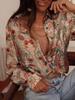 European and American temperament casual summer new long-sleeved printed lapel shirt casual vacation women's shirt large size