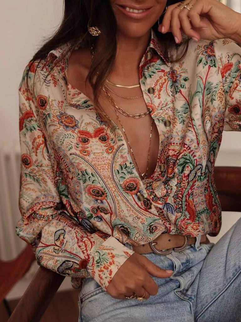 European and American temperament casual summer new long-sleeved printed lapel shirt casual vacation women's shirt large size
