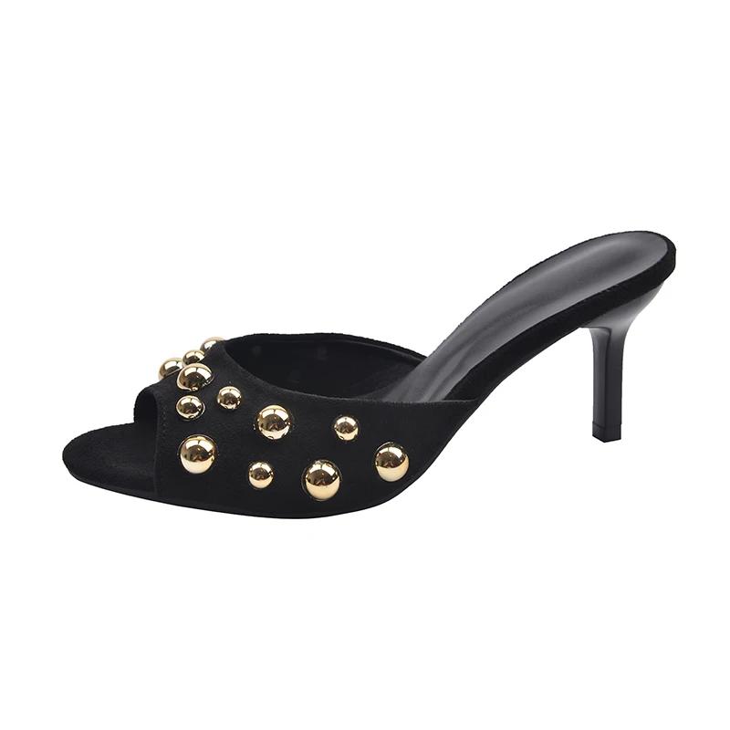 Summer New High-heeled Sandals Women's Temperament Round Head Shallow Rivet Thin Heel Versatile Outward Wear Flip-flops