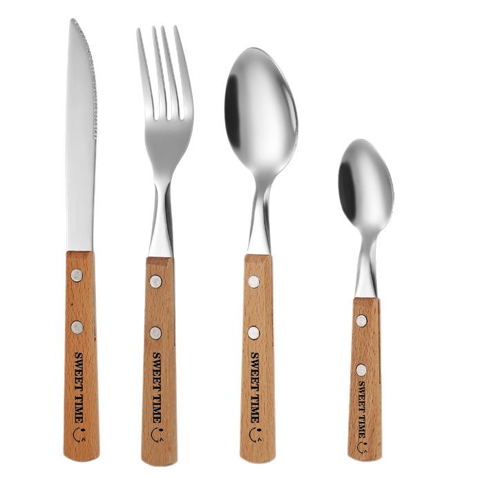 Stainless Steel Cutlery Set with Wood Handles and Smiley Logo - Knife, Fork, Spoon for Desserts and Dining.