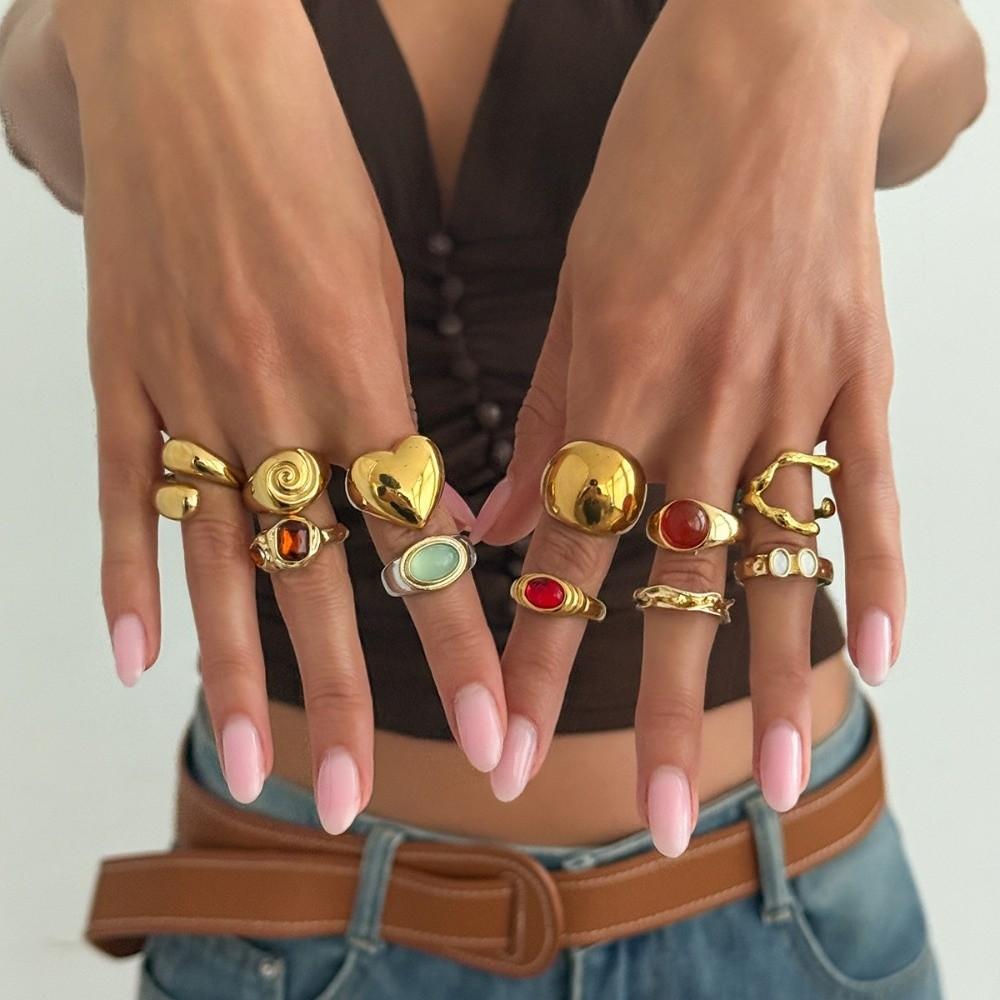 11Pcs/Set Gold Tone Open Band Ring Color Gem Inlay Finger Jewelry Heart Shape Ring Stack Match