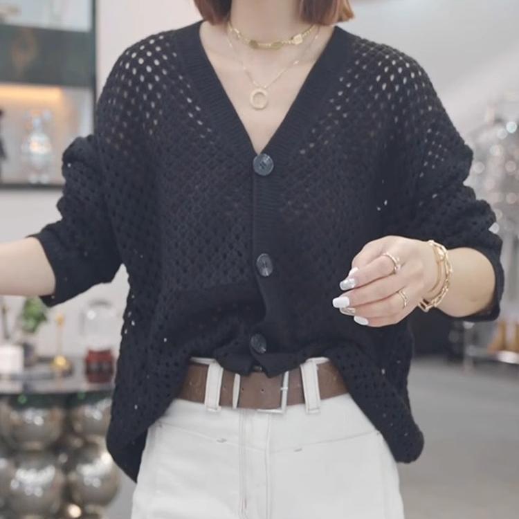 Spring/Summer Single Breasted Sunscreen Loose Air Conditioning Sweater V-neck Hollow Knitted Cardigan for Women