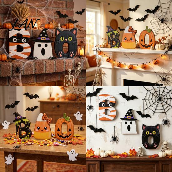 Halloween Party Table Decor Wooden BOO Decoration for Tiered Trays, Creative Tabletop Solid Wood Centerpieces Boo Sign