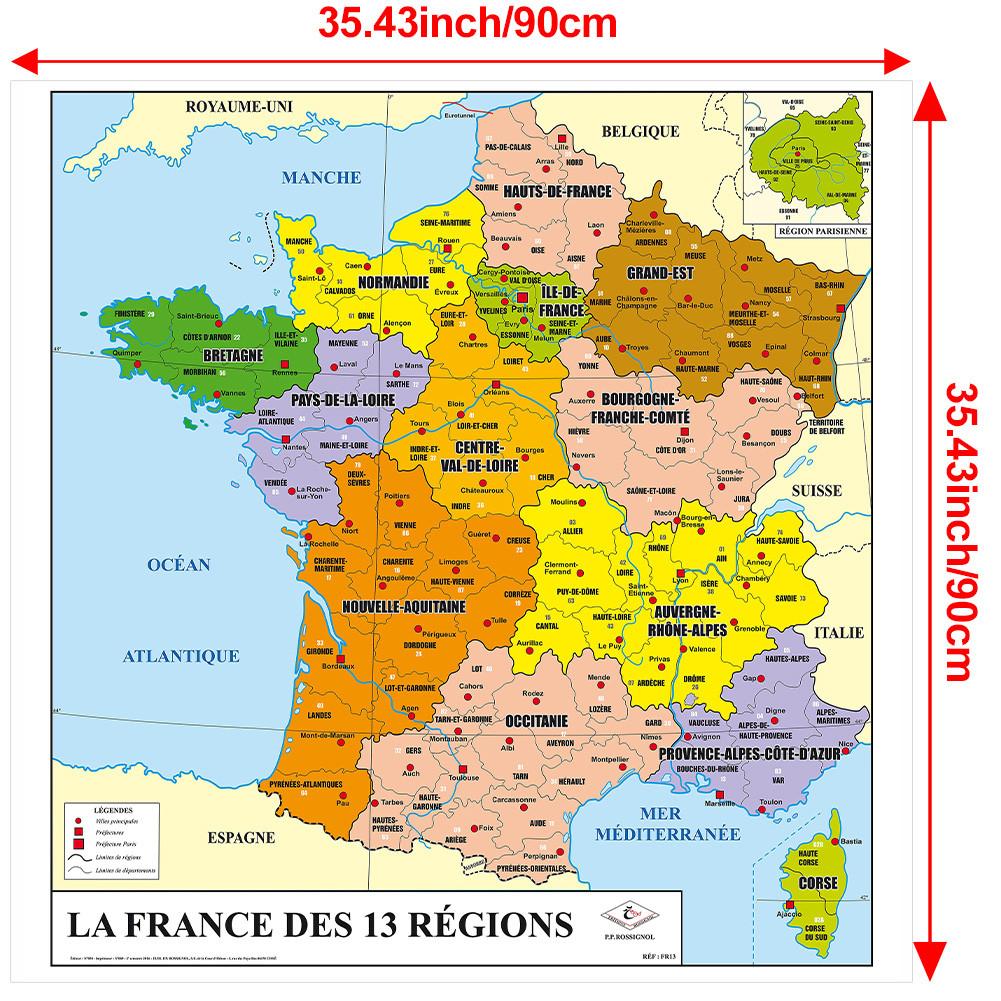 Французская серия Ткань-фон для карты-Административная карта Франции,Постер на холсте без рамы,Информационная таблица для путешествий,Постер для настенного искусства