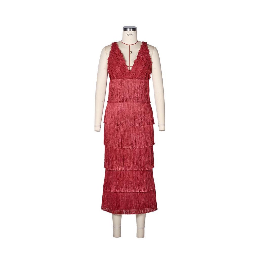 Женское Бандажное Вечернее Платье Слоями с Красной Кружевной Отделкой и Бахромой