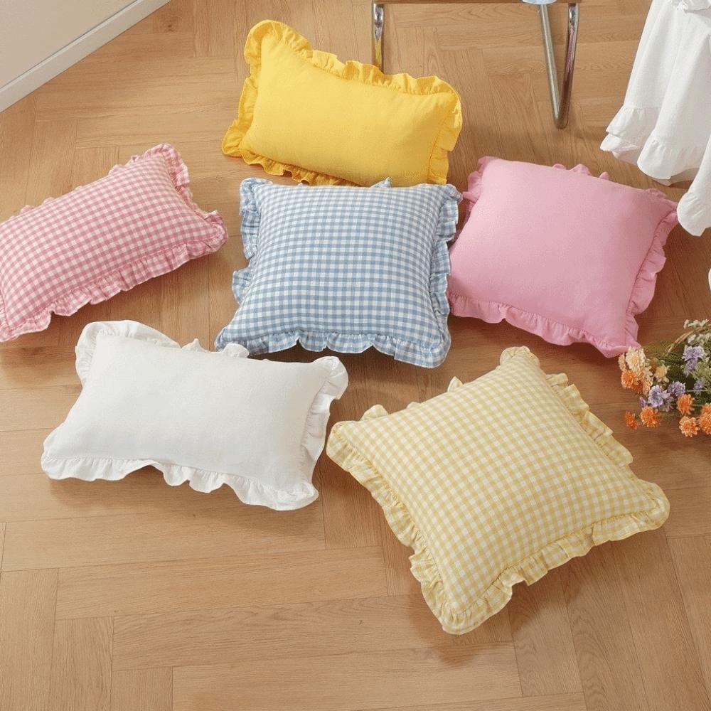 Plaid Print Throw Pillow Cover Soft Cotton Art Cushion Cover Ruffled Edge Pillowcase Living Room
