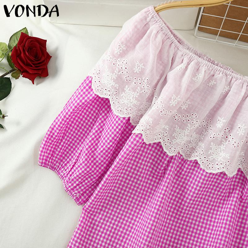 VONDA Женские летние кружевные контрастные клетчатые блузки с открытыми плечами и короткими рукавами