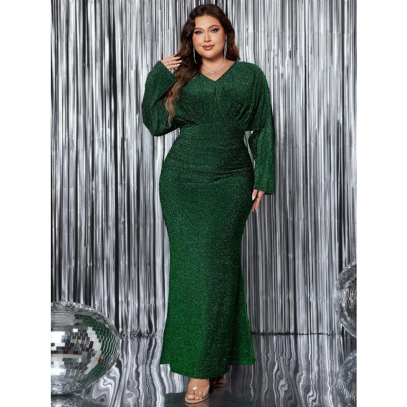 Women's Long Dress V-neck Long Sleeved Fishtail Evening Gown in Plus Size, Sexy and Sparkling High Waisted Long Dress