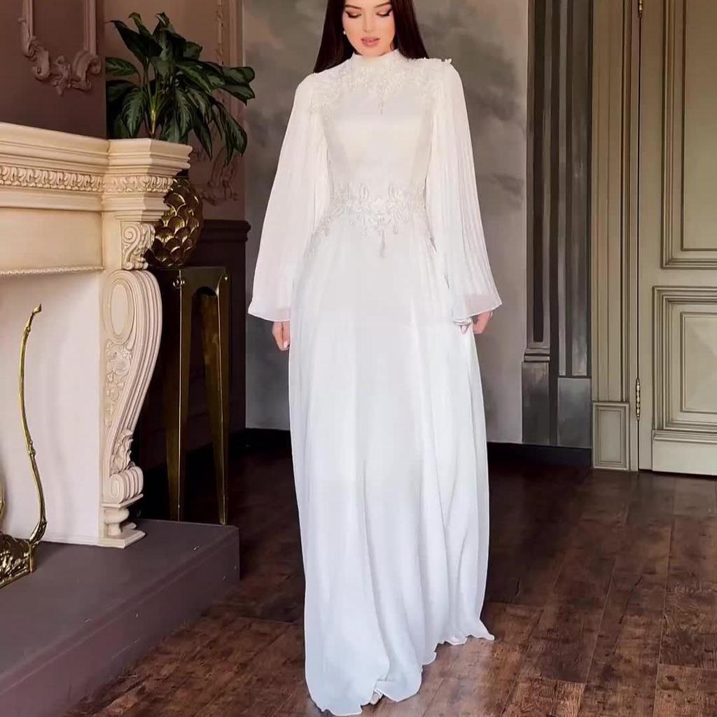 2024 Elegant Women's Solid Color Long Sleeve Maxi Dress with Heavy Embroidery and Semi-High Neck