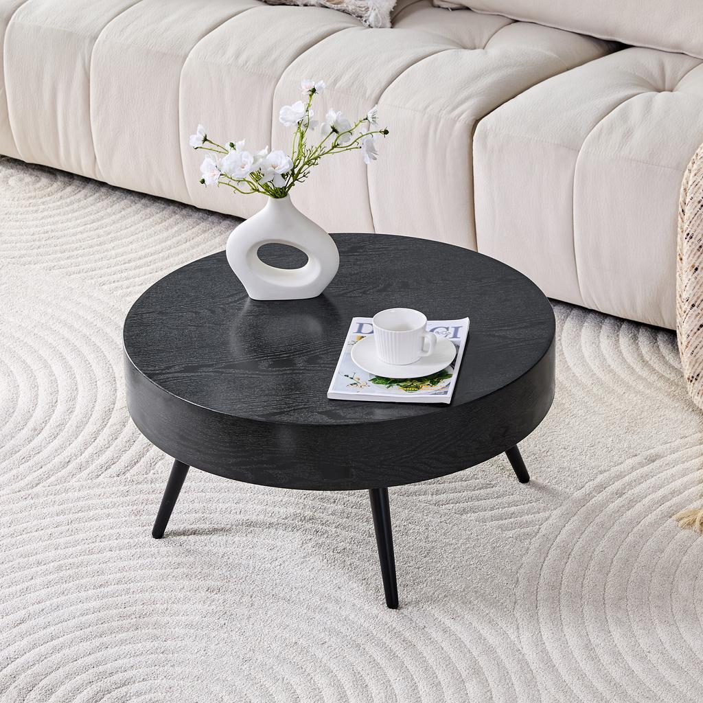 Round Coffee Table with 70 cm Diameter in Black Wood Look (MDF) & Black Metal Legs. Minimalist Design, Ideal for Living Room and Small Spaces.
