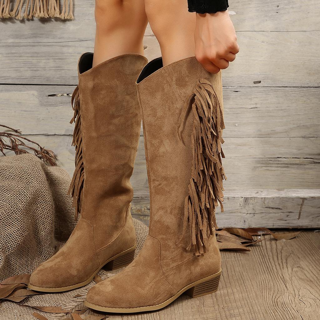 Cowgirl Fringe Boots for Women Chunky Block Heel Tassels Cowboy Boots Knee High Pointed Toe Western Boots Women's Anti-Slip Faux Suede Pull-on Booties