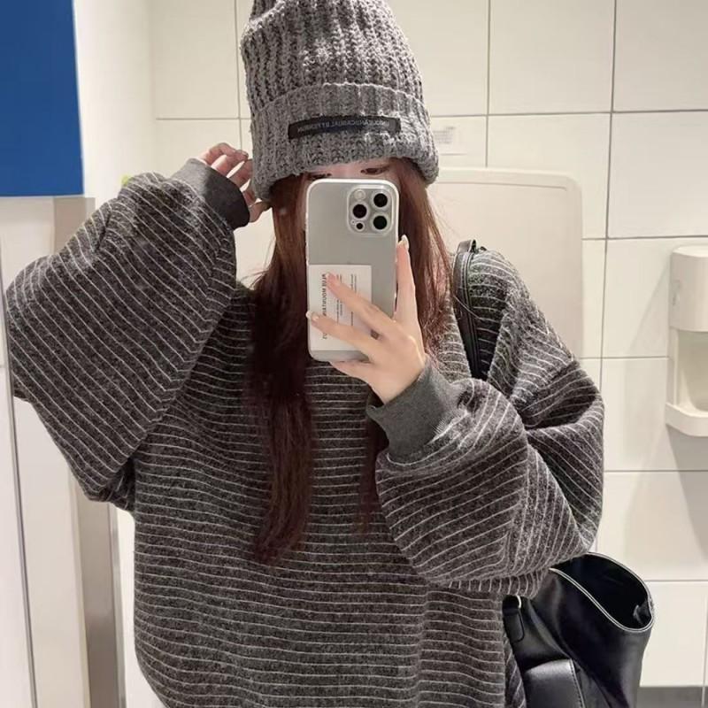 Womens Oversized Striped Cotton Blend Hoodless Sweatshirt Loose Comfortable Round Neck Top