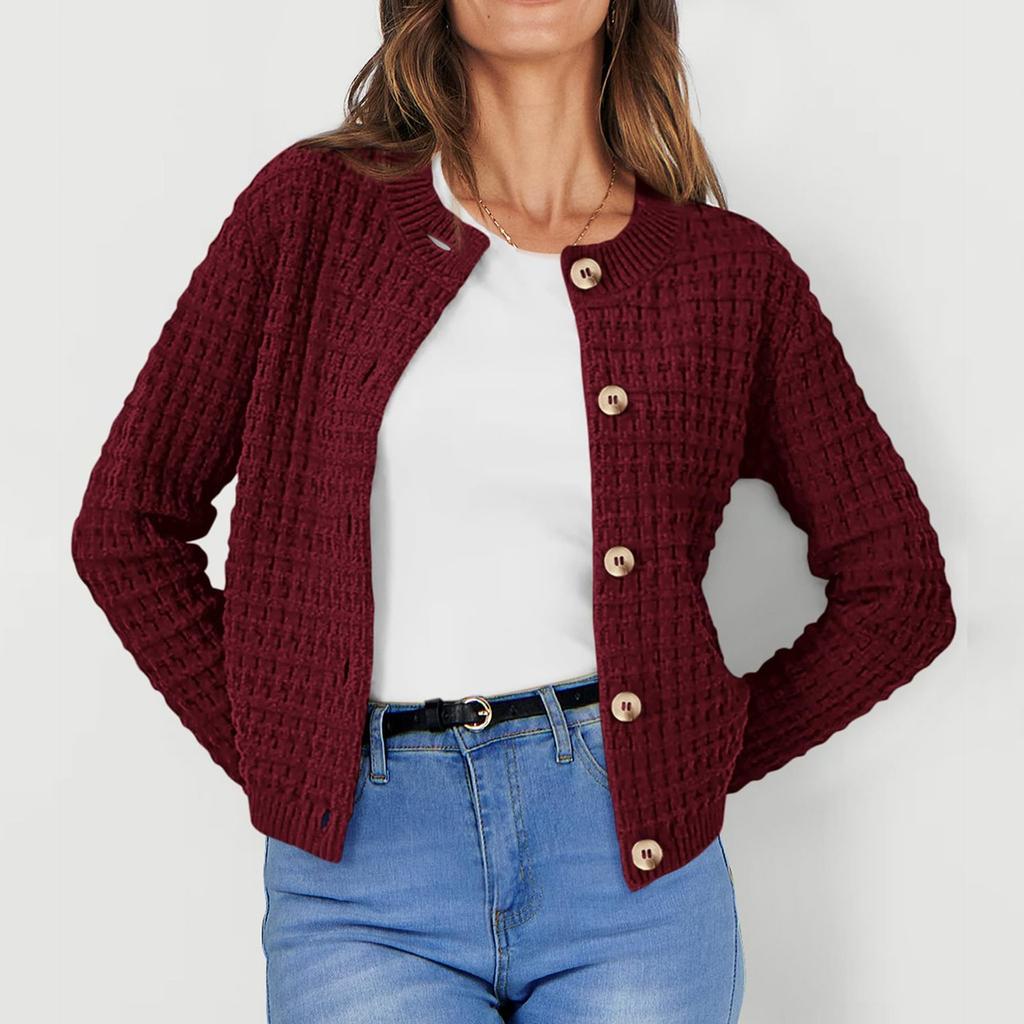Women's Fashionable Solid Color Long Sleeved Button Knit Cardigan Casual Sweater Jacket