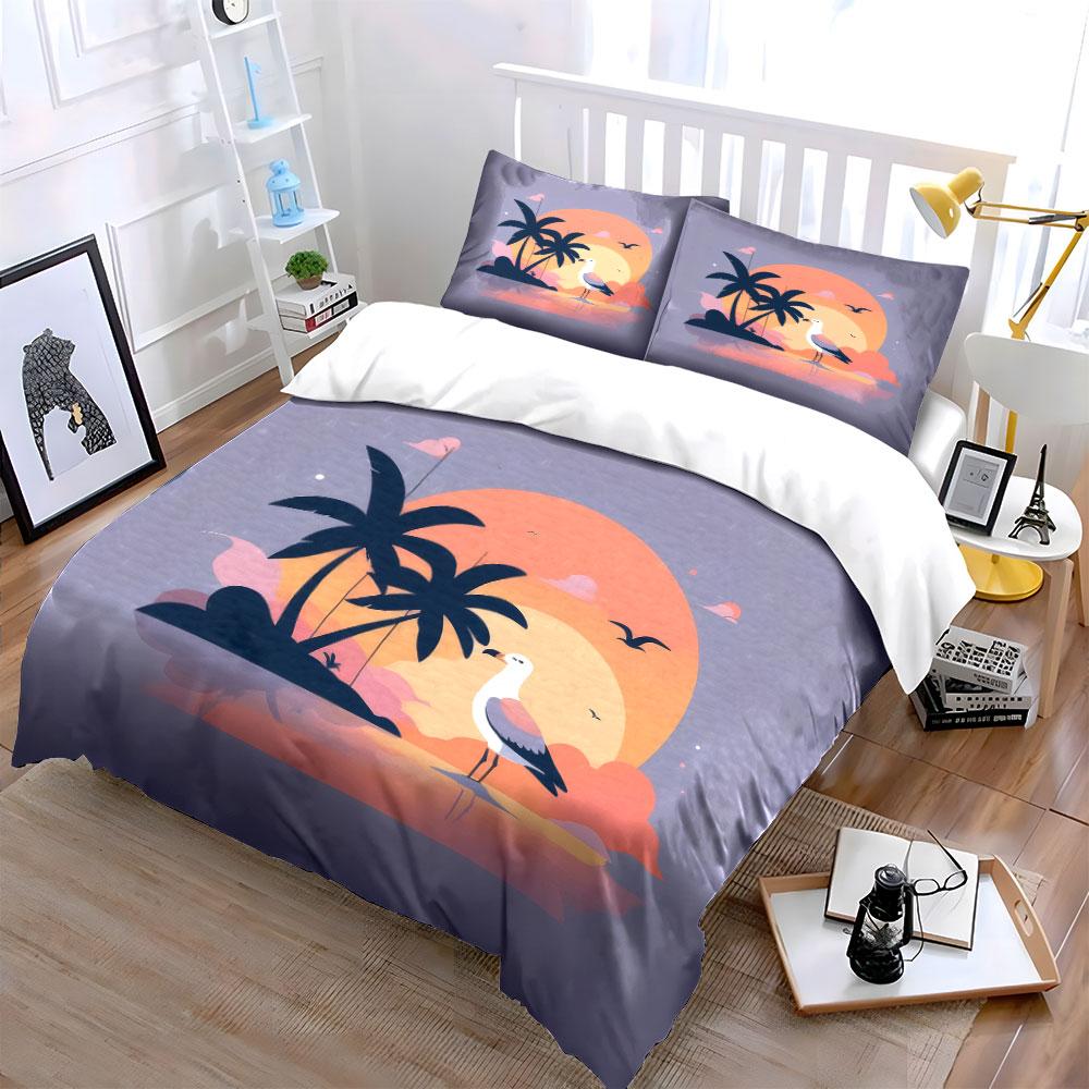 "Beach Sunset Palm Decor Set" Bedding Set with 1 Duvet Cover 2 Pillowcases Single Double King Queen, Gift
