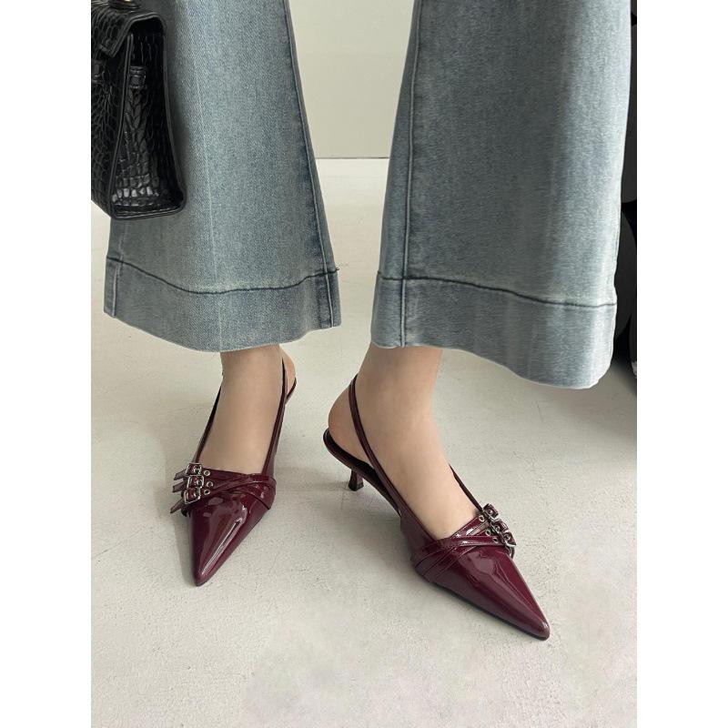 Fashion Belt Buckle Pointed Sandals Ol Tongle Silver Bag Head Rear Strap Patent Leather Women'S Shoes