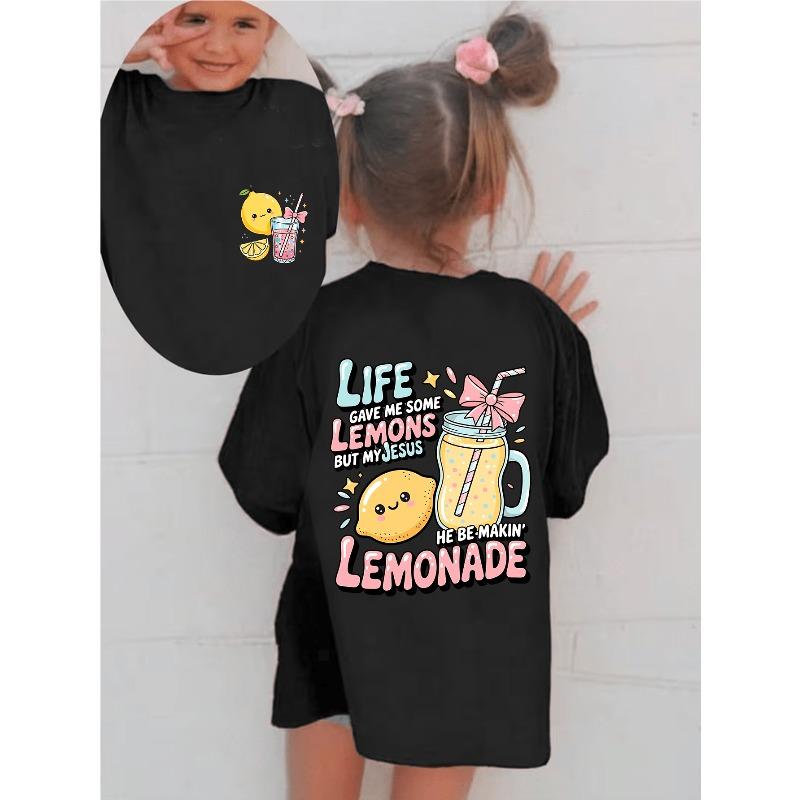 European sizes Double-Sided Printed Kids Short Sleeve T-Shirt Cute Cartoon Lemon And Lemonade Print Tee Sweet Casual Girls Top