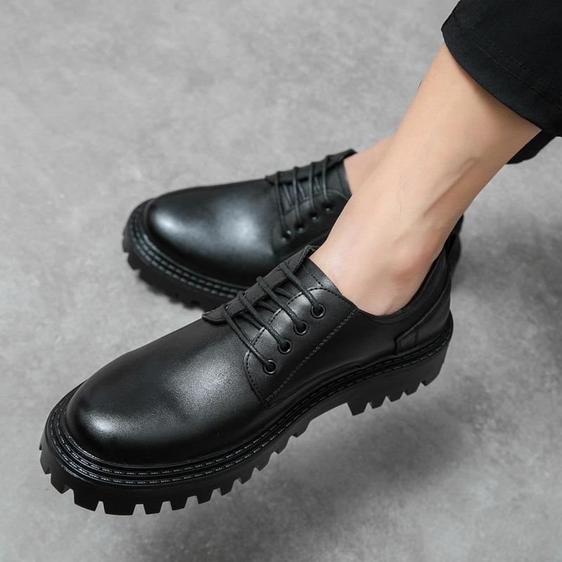 Small leather shoes men's 2025 autumn new round head lace-up British style black trend size 37 single shoes platform shoes