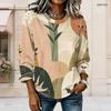 Women Plus Size Round Neck Long Sleeve Blue White Tie Dye Printed Curved Hem Top