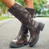 Fashion Brown Retro PU Leather Knight Boots Women Autumn Winter Chunky Platform Knee High Boots Woman Punk Buckle Strap Motorcycle Botas