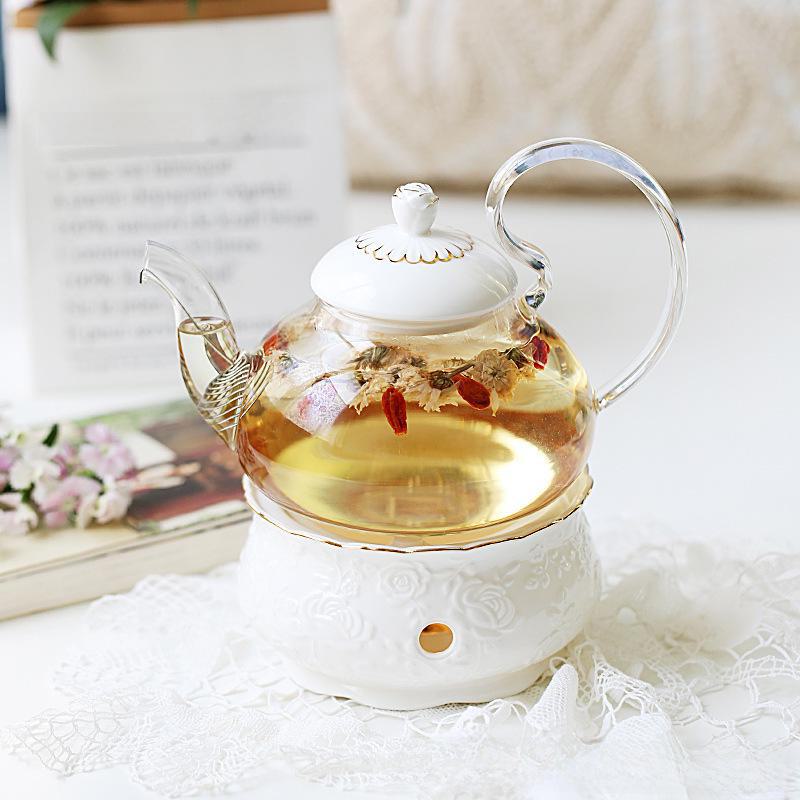 English Light Luxury Floral Teapot Set with Candle Heating Base - Heat-Resistant Glass for Afternoon Tea
