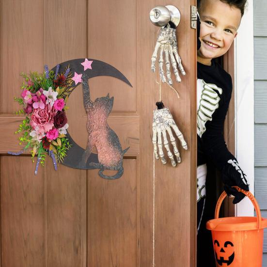 Хэллоуинский венок «Лунный кот» для входной двери, венок в виде полумесяца, табличка с искусственными цветами роз для готического домашнего декора