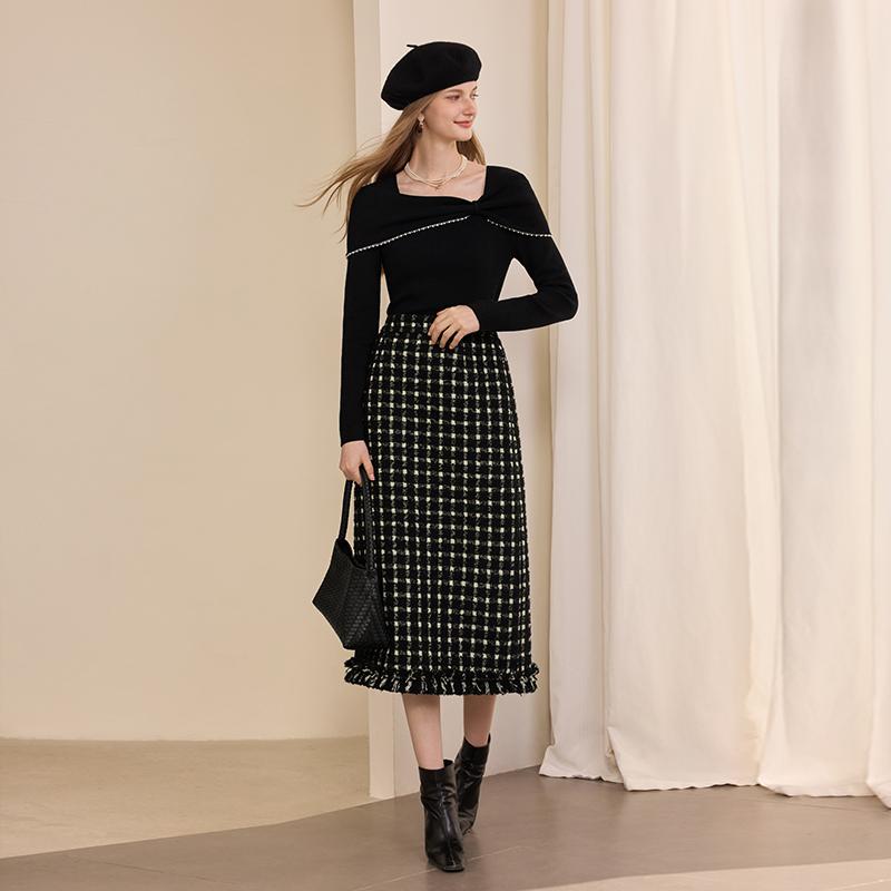 Tassel woolen plaid skirt