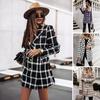 Winter Autumn Lady Coat Turn-down Collar Plaid Print Double-breasted Long Sleeves Thick Mid