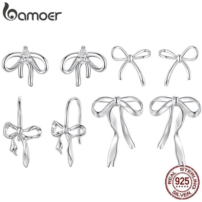 BAMOER Bow CZ Stud Earrings Romantic Bowknot Hook Earrings for Women Girl Birthday Jewelry Simple Earrings 925 Sterling Silver