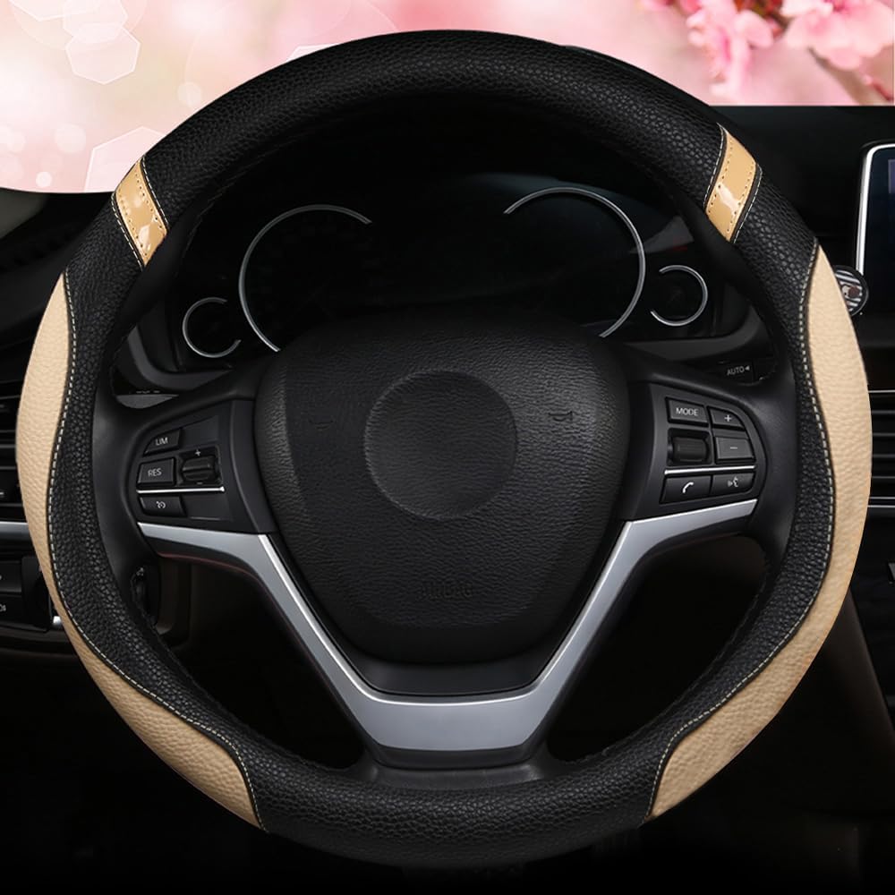 Steering Wheel Cover For Car Leather Universal Steering Wheel Covers For Men Women Fit Cars SUV Truck Pickup 15Inch (Beige)