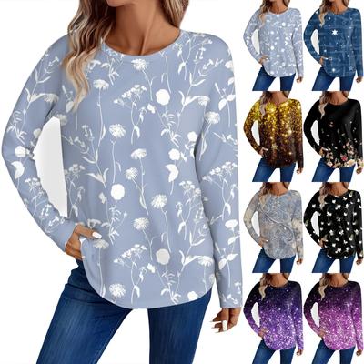 Женская мода повседневный топ с длинным рукавом с цветочным принтом и круглым вырезом