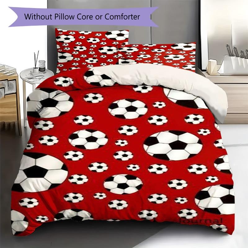 Black White Soccer Ball Pattern Red Background Print 3 Pieces Duvet Cover Set Football Sports Bedding Bedroom Home Decor Without Pillow Core Comforter