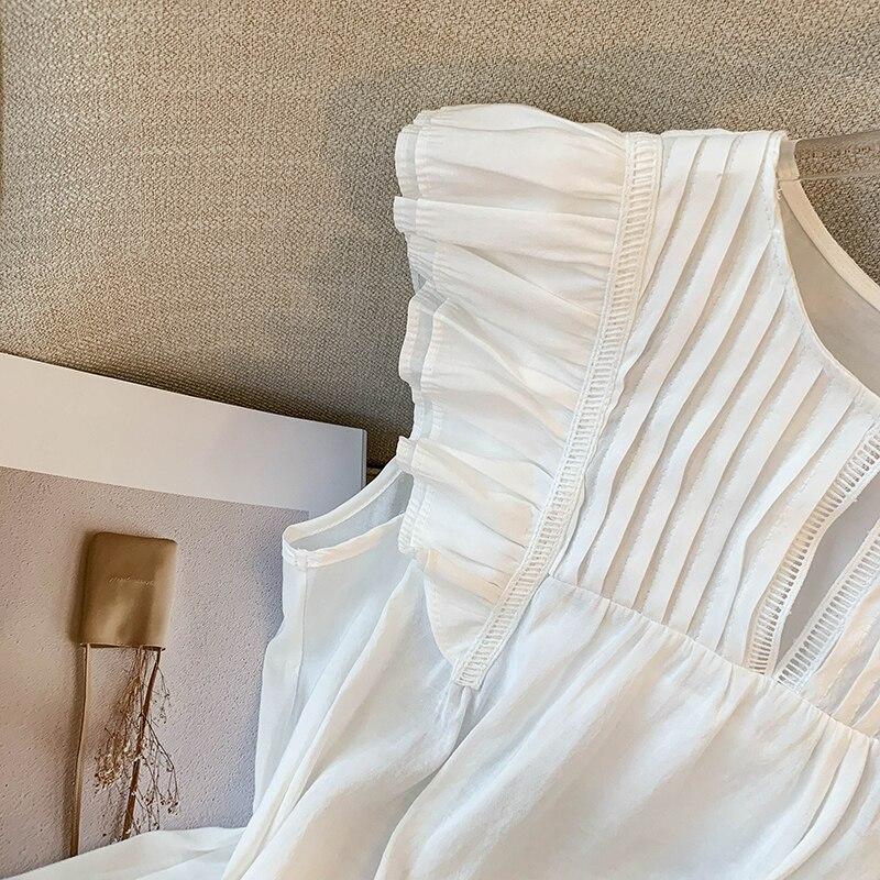 Летняя женская рубашка без рукавов с рюшами, элегантная корейская плиссированная хлопковая блузка, женские однотонные повседневные топы с круглым вырезом, свободные Blusas 26891