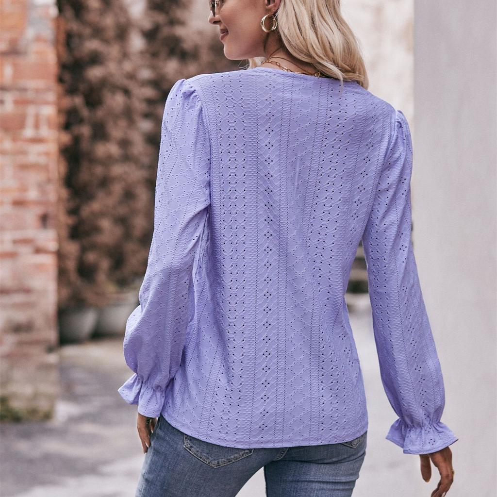 HNXC Женские модные повседневные весенне-осенние однотонные блузки и рубашки с v-образным вырезом и длинным рукавом с принтом