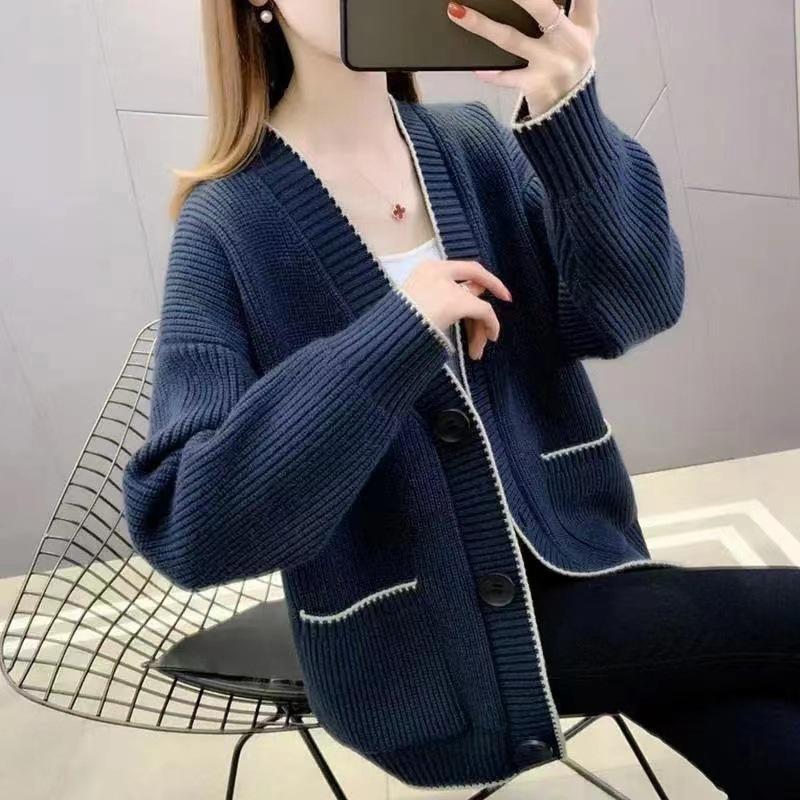 YYFS Женская мода повседневная осень-зима однотонный принт длинный рукав V-образный вырез свитера