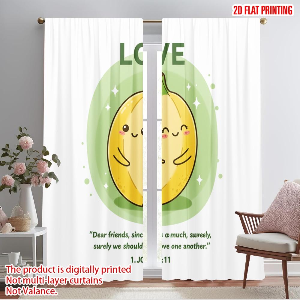 2pcs 2D Flat Printing Curtain Cute Banana Love Bible Verse 100% Polyester Fabric Without Electricity Party Decorations for