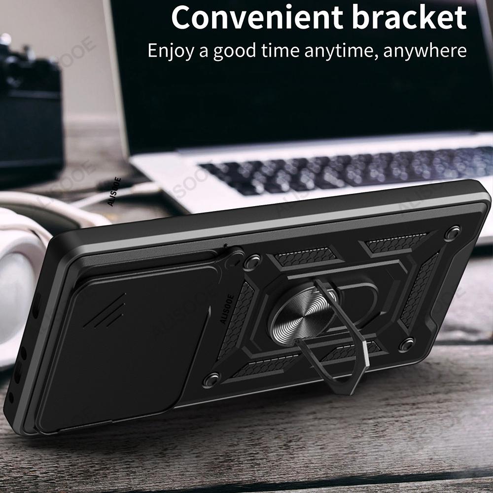 Slide Camera Funda для Redmi 13 4G Чехол Push Lens Ring Stand Защитный чехол для Xiaomi Redmi 13 4G Противоударный чехол