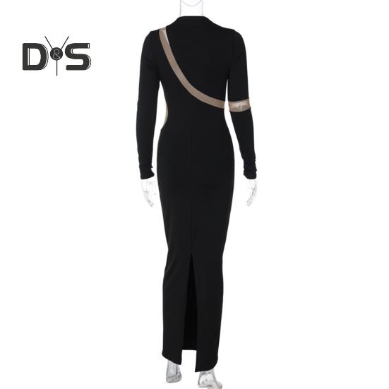 Женское платье из прозрачной сетки в стиле пэчворк, облегающее платье с разрезом, длинным рукавом, круглым вырезом, однотонное эластичное, с вырезом, длиной до щиколотки, вечернее, выпускное, макси-платье