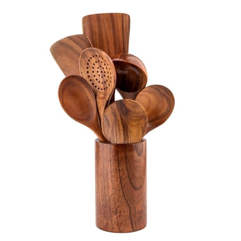 8 штук деревянных ложек для готовки, деревянная посуда, для стойки с кухонными принадлежностями, набор кухонных принадлежностей из натурального тика