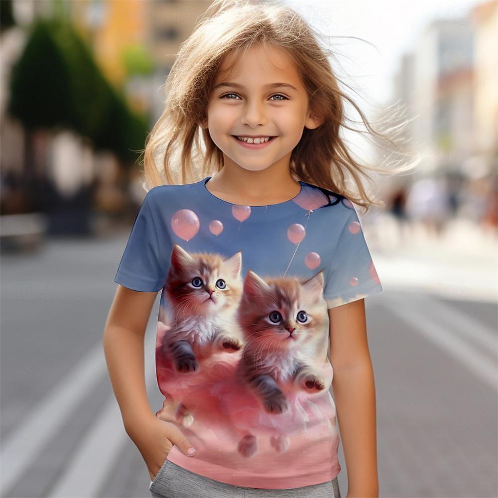 Футболка с 3D-принтом для девочек 2025 года, милые футболки с изображением животных из мультфильмов для девочек, детская подарочная футболка с коротким рукавом, повседневный топ, детская одежда